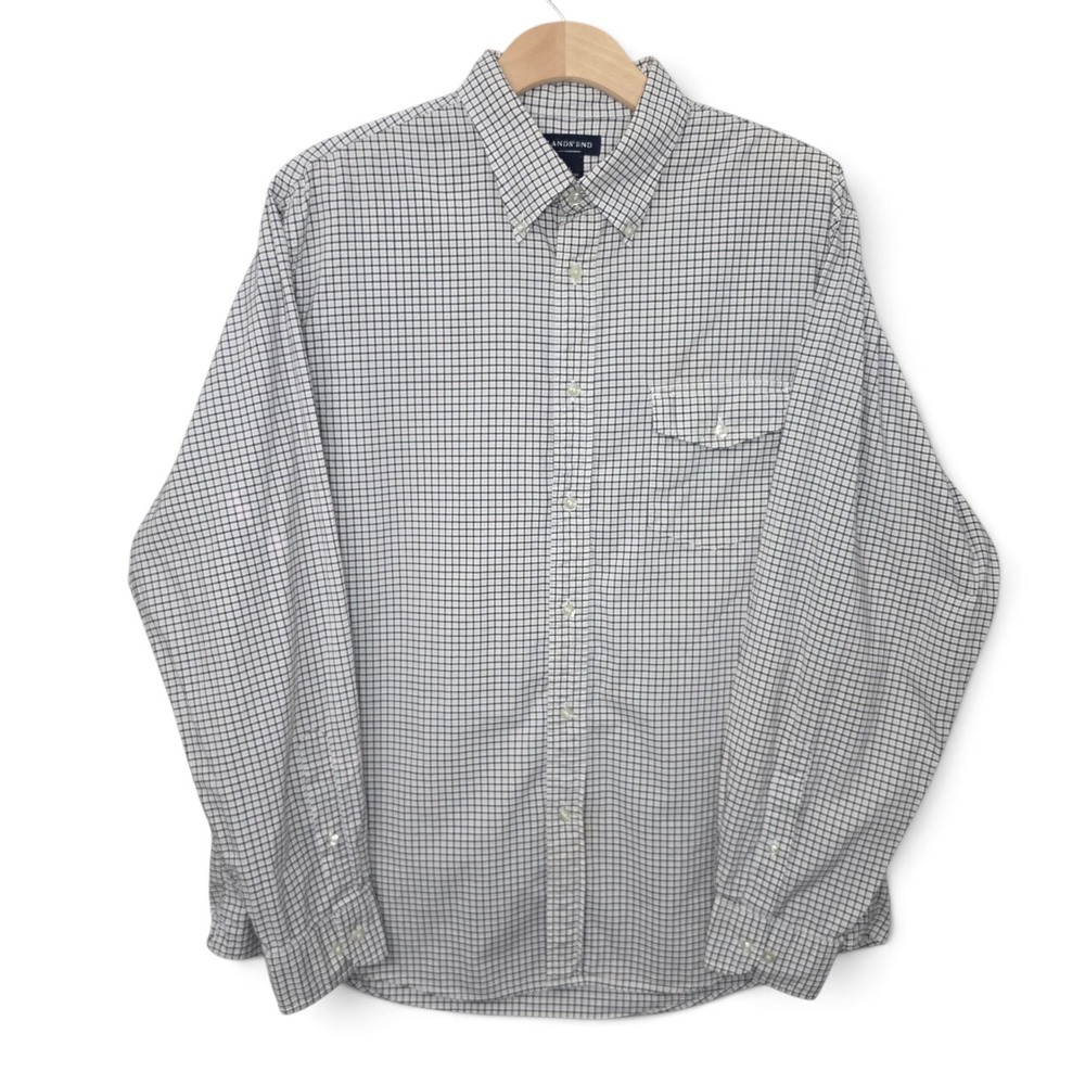 Lands' End Mens Shirt Large 16-16.5 Long Sleeve Button Down Tattersall Plaid